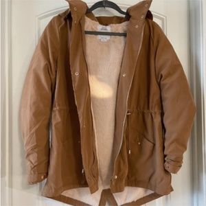 Iris Fur-Hooded Brown Camel Jacket | Women's Large